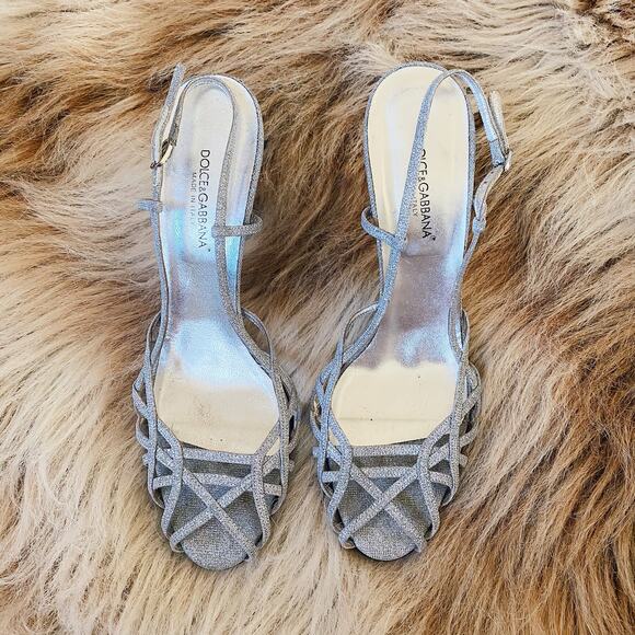 Dolce & Gabbana Strappy Glitter Silver Slingback Sandals Heels - Picture 4 of 10